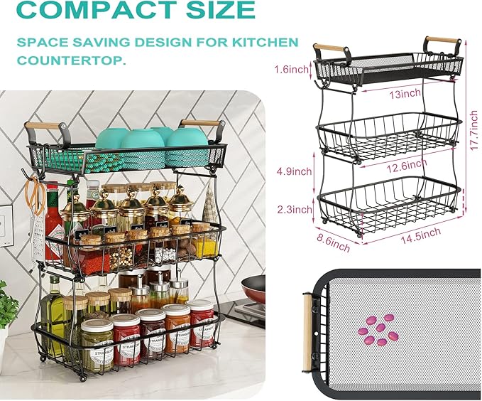 3 Tier Fruit Basket Bowl with 2 Banana Hangers for Kitchen Counter, Vegetable Countertop Produce Storage Holder, Large Capacity Metal Wire Fruits Stand Organizer for Onion Potato Bread Snack, Black