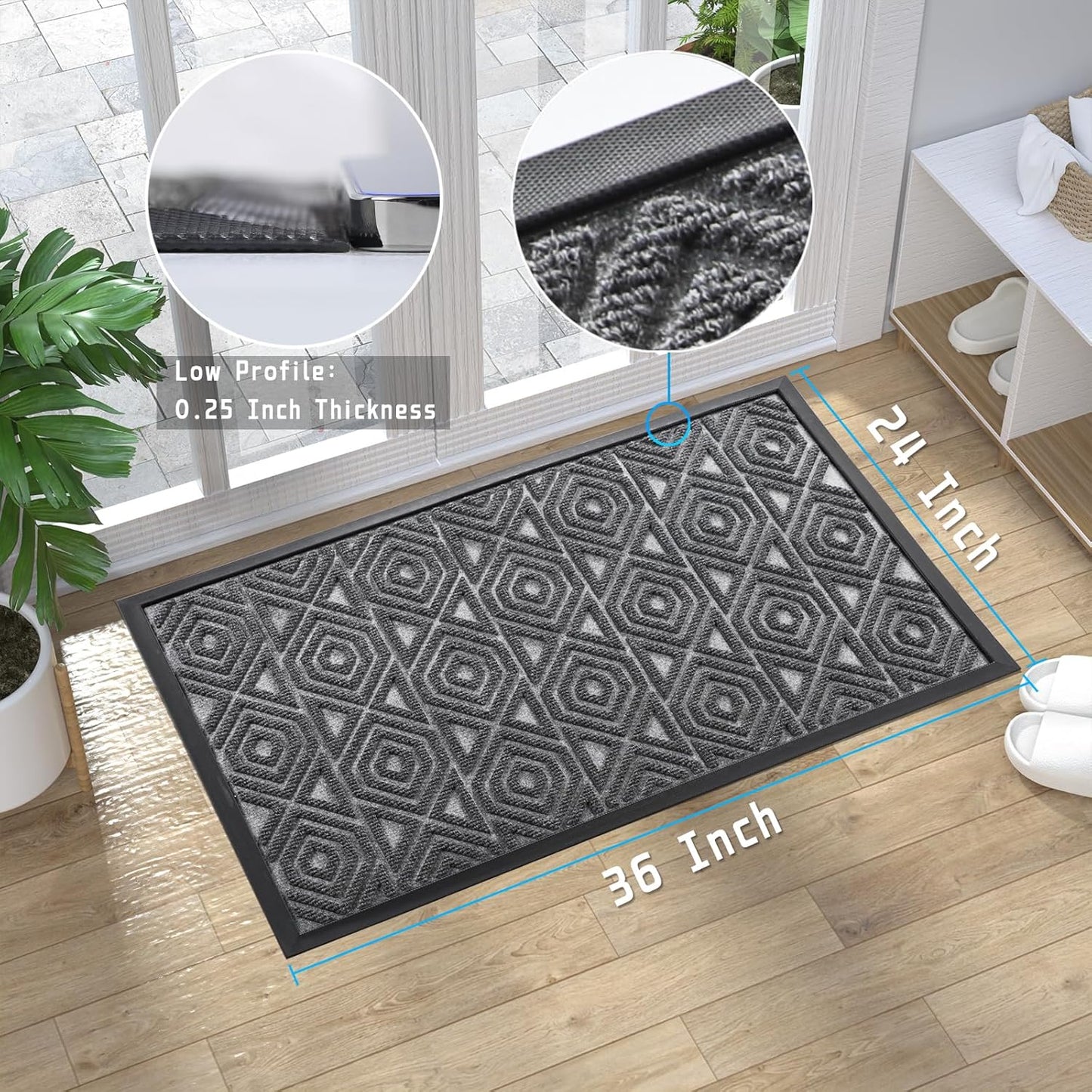 Yimobra Door Mat, Outdoor Indoor Entrance Welcome Mat, Heavy Entry Front Door Mat, Stain & Fade Resistant, Low Profile, Sturdy Rubber, Easy Clean Patio Floor Mat, Waterproof, 36 x 24, Gray