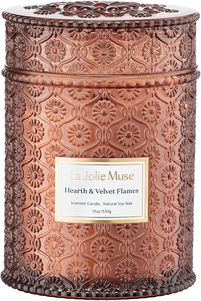 LA JOLIE MUSE Hearth & Velvet Flames Candle – Saffron, Clove & Vanilla | 19 oz Large Wooden Wick Soy Candle | 90 Hours Clean Burn | Gift-Ready for Any Occasion | Elegant Home Décor