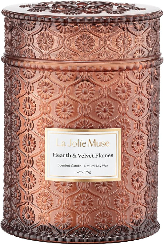 LA JOLIE MUSE Hearth & Velvet Flames Candle – Saffron, Clove & Vanilla | 19 oz Large Wooden Wick Soy Candle | 90 Hours Clean Burn | Gift-Ready for Any Occasion | Elegant Home Décor