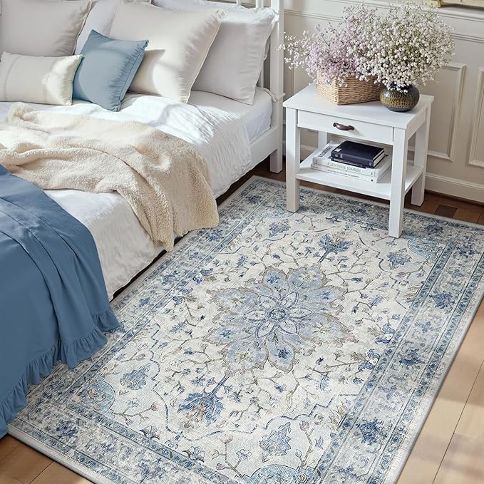 RELEANY Area Rugs 3'x5' Washable Non-Slip, Floral Vintage Distress Print Pattern Medallion Carpet for Living Room Bedroom Dining Room, Light Blue Navy Beige Gray White