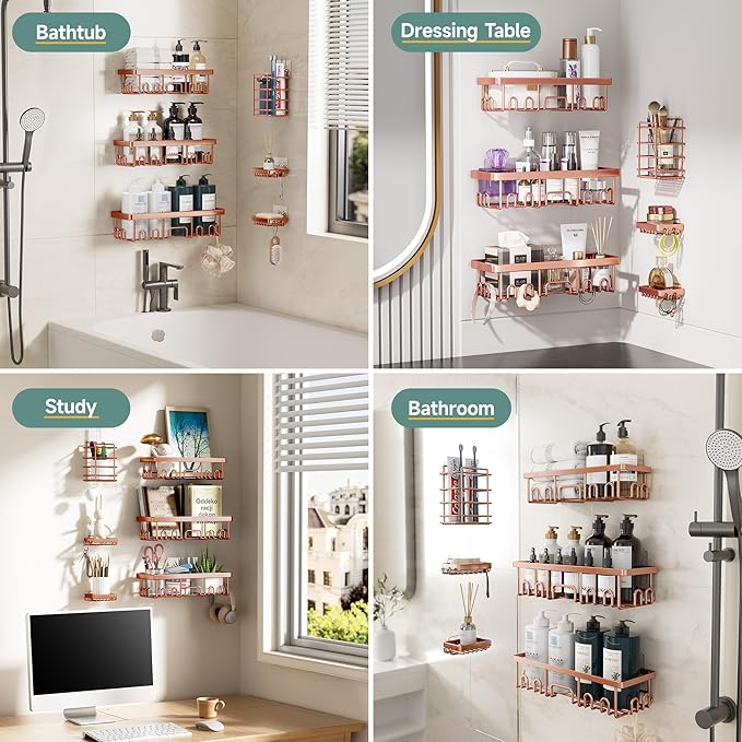 Veken Shower Caddy 6-Pack, No Drilling & Rustproof, Waterproof Adhesive Shelves Rack with Soap Holder, Large Capacity Bathroom Organizers and Storage, Wall-Mounted Kitchen & Home Decor, Rose Gold