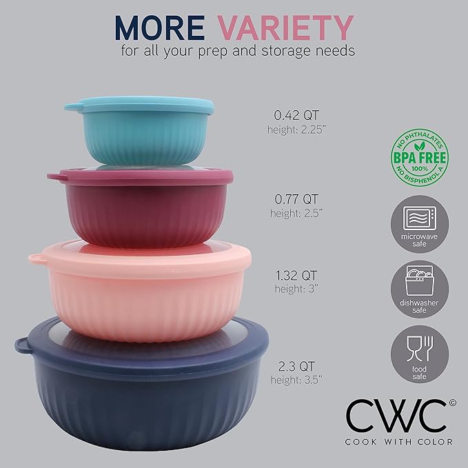 COOK WITH COLOR Prep Bowls with Lids- Wide and Deep Nesting Plastic Small Mixing Bowl Set with Lids, 8 Piece Set - Wide Bowls, Navy