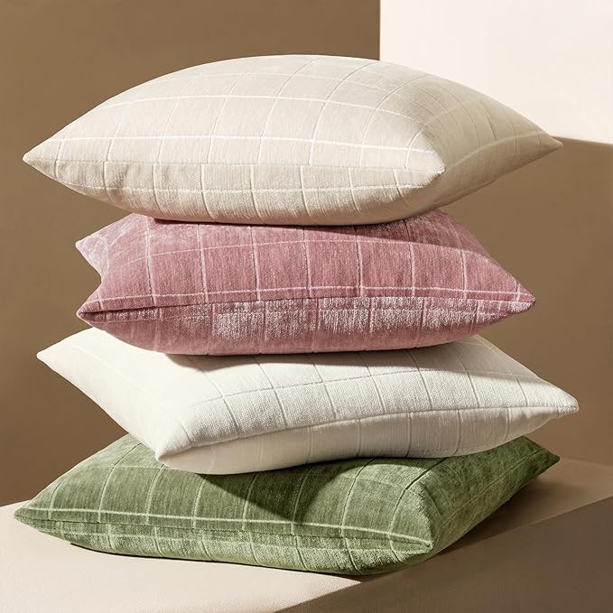 MIULEE Valentines Decorative Chenille Throw Pillow Covers Vintage Plaid Couch Pillows 20x20 Inch Set of 2 Boho Farmhouse Cushion Covers Modern Spring Home Decor for Sofa Bed Living Room Blush Pink