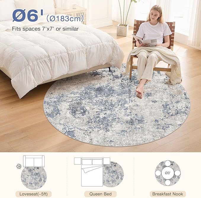 6ft Round Area Rugs for Living Room: 6x6 Abstract Washable Rug Modern Large Soft Stain Resistant Non-Slip Backing Machine Table for Bedroom Dining Room Indoor Home Office Carpet - Blue Brown
