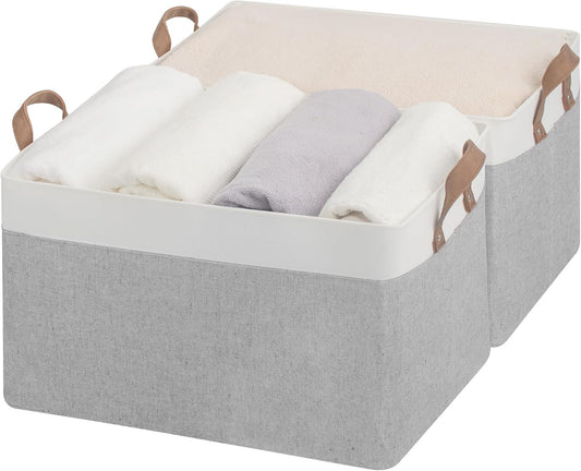 StorageWorks Storage Bins, Fabric Storage Bins for Shelves, Extra Large Storage Baskets with Metal Frame, Closet Baskets and Bins with Handles, Jumbo, Gray and White, 2-Pack