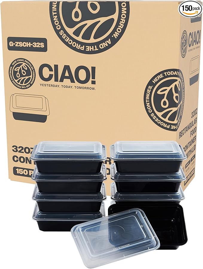 CIAO! Heavy Weight 32oz Injection Molded Microwavable Black Rectangular Food Container with Lid (150/case)