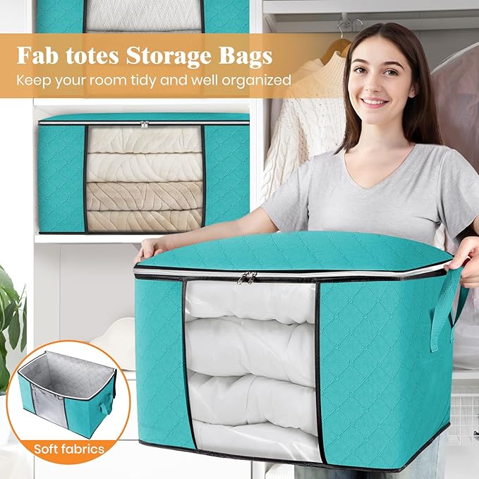 Fab totes 24 Gallons Clothes Storage, Foldable Thick Fabric Blanket Storage Bags, Containers for Organizing Bedroom, Closet, Clothing, Comforter, Organization with Handle (6 Pack,Green)