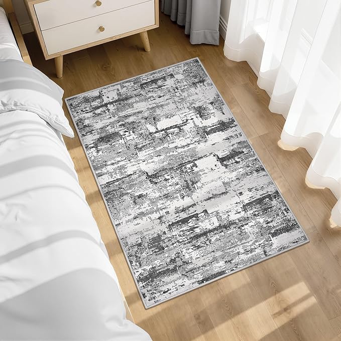 Washable Area Rugs: 2x3 Abstract Modern Soft Stain Resistant Non-Slip Backing for Living Room Entryway Bedroom Nursery - Black Grey