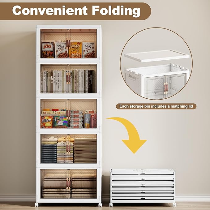 SAILUN 275QT/69Gal Stackable Storage Bins with Lid, Collapsible Storage Bins With Doors and Wheels, Folding Plastic Cabinet Containers for Home Kitchen Closet Organization, 5 Pack