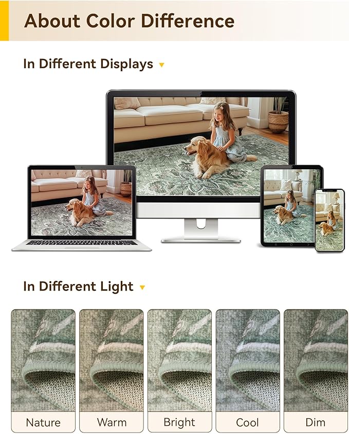 RELEANY Area Rugs 6ft Washable Non-Slip, Floral Vintage Distress Print Pattern Medallion Carpet for Living Room Bedroom Dining Room, Dark Green Gray