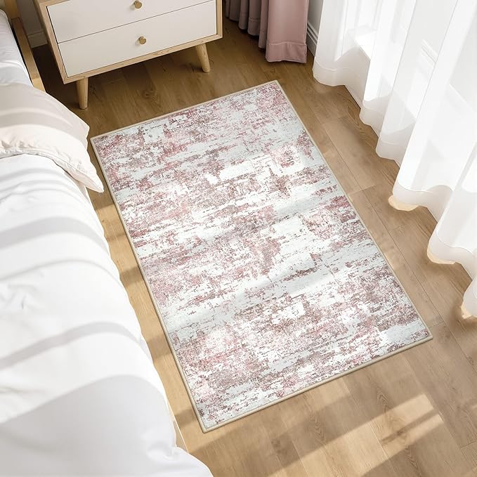 Washable Area Rugs: 2x3 Abstract Modern Soft Stain Resistant Non-Slip Backing for Living Room Entryway Bedroom Nursery - Pink