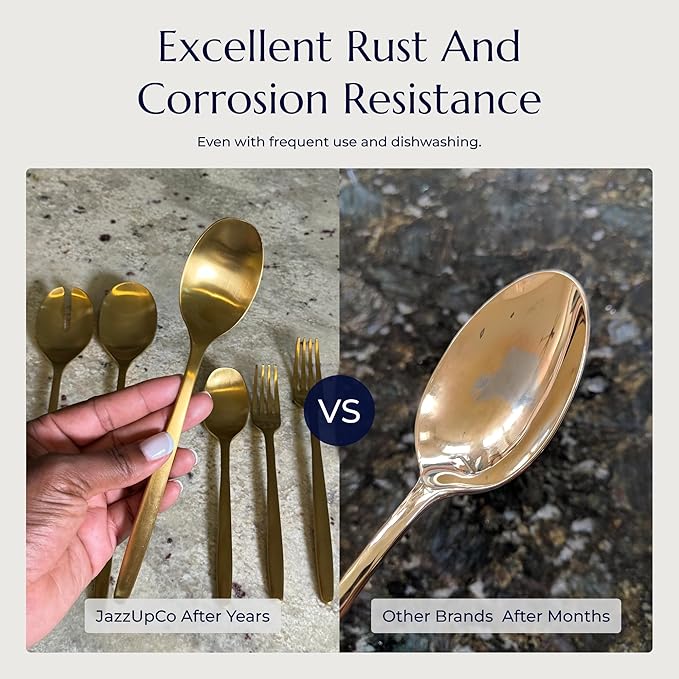 JazzUpCo Haelynn 2.0 Flatware non toxic 18/10 stainless steel dishwasher safe (Matte Gold, 8 Person Set (40 Pieces))