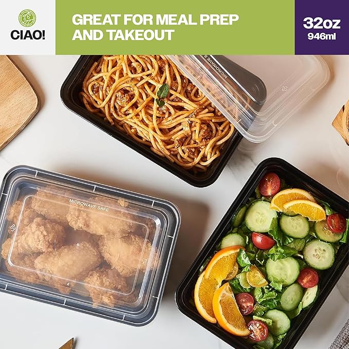 CIAO! Heavy Weight 32oz Injection Molded Microwavable Black Rectangular Food Container with Lid (150/case)