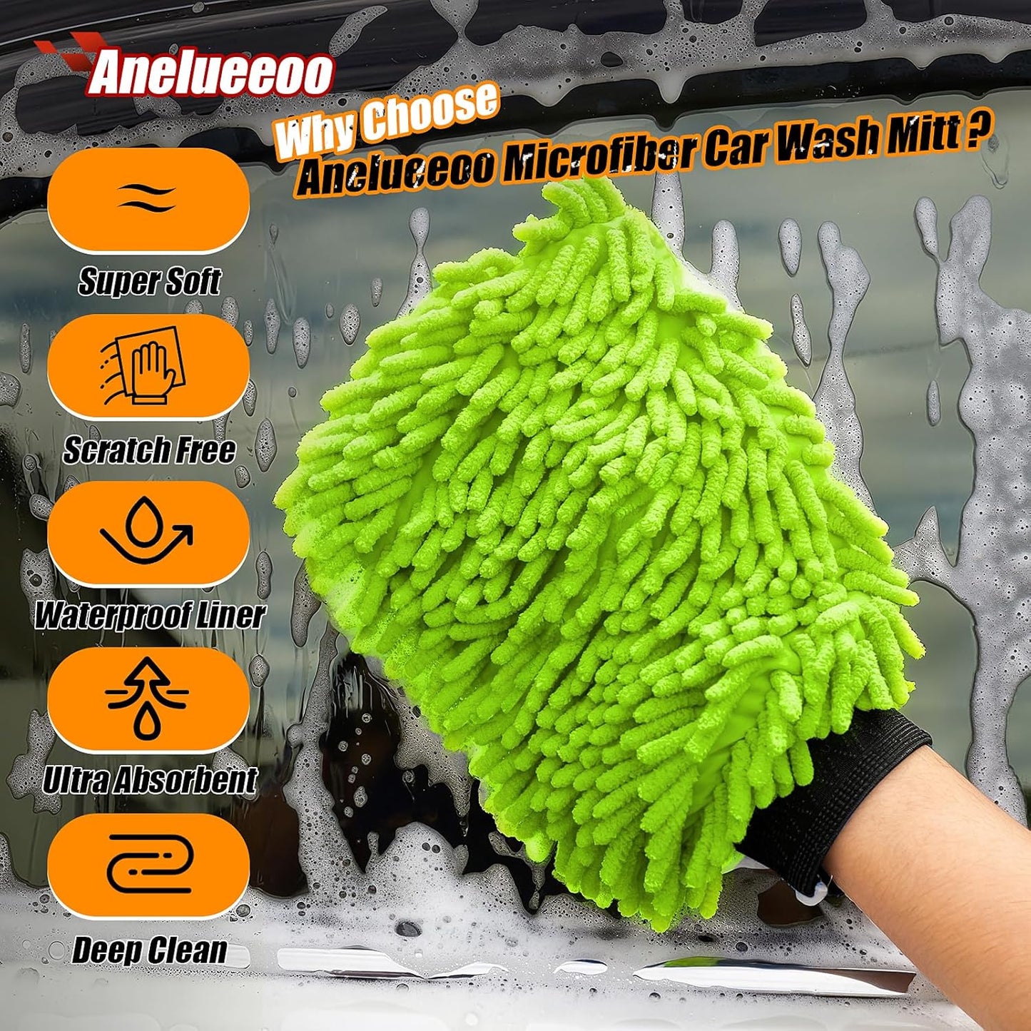 Car Wash Mitt Microfiber, Premium Chenille Microfiber Wash Car Mitts Sponge Scratch Free & Lint-Free, Mitts Waterproof Lining 4 Pack Green (8''X12'')