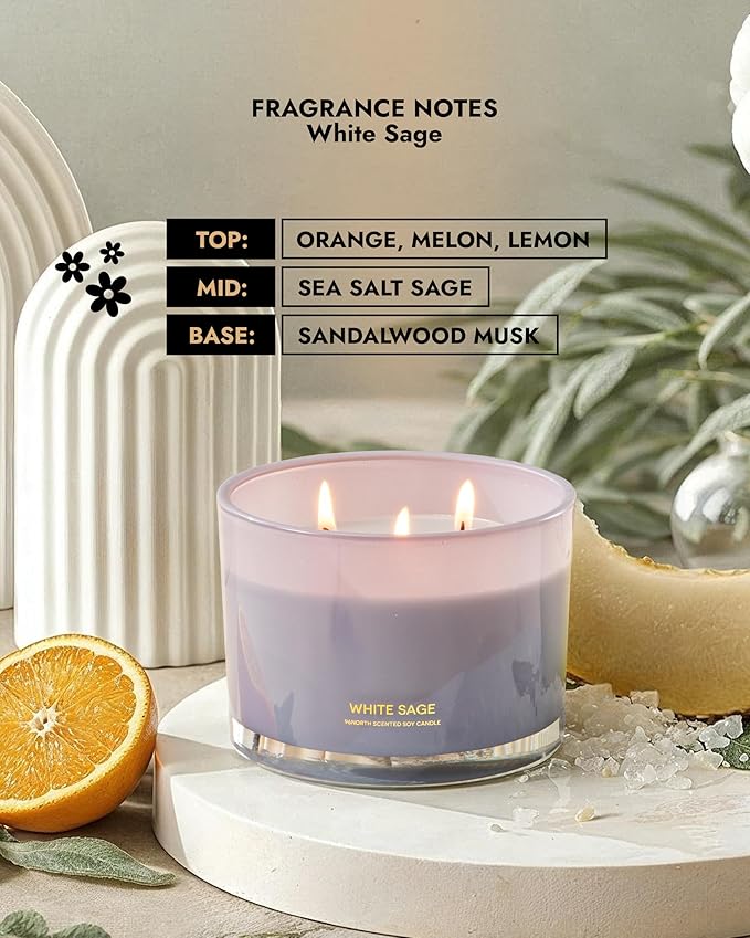 96NORTH Luxury White Sage Candle | Large 3 Wick Jar Candle | Up to 50 Hours Burning Time | 100% Natural Soy Wax | Relaxing Aromatherapy Aesthetic Candles | Housewarming Gift for Men and Women