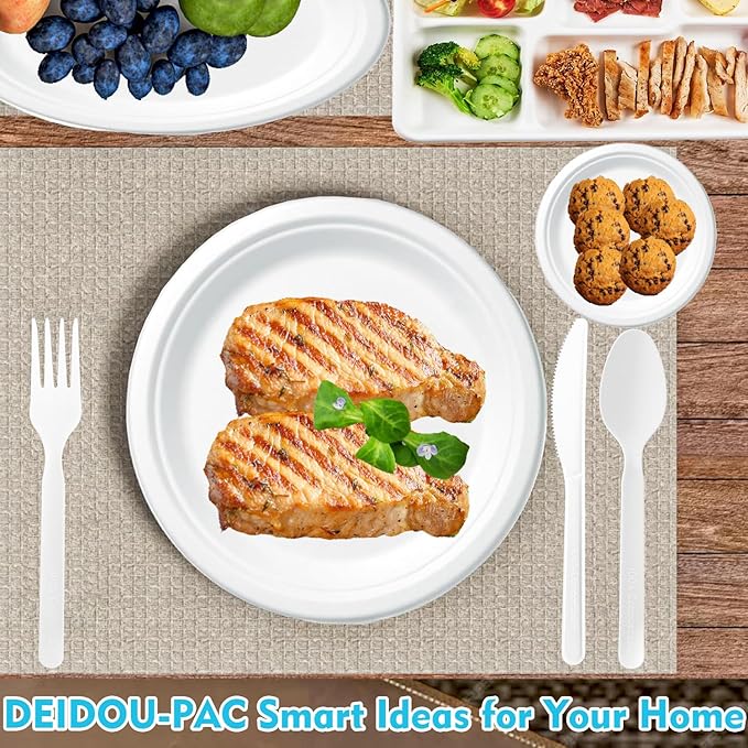 250 Count Compostable Disposable Non Plastic Silverware, Heavy Duty Biodegradable Forks Spoons Knives Cutlery Set, Eco Friendly Recyclable Flatware Utensils for Party Wedding Daily Use