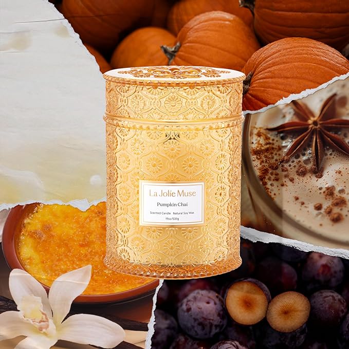 LA JOLIE MUSE Pumpkin Chai Candle – Pumpkin, Spicy Chai & Vanilla Scent | 19 oz Large Wooden Wick| Natural Soy Wax | 90 Hours Clean Burn | Gift-Ready for Autumn Hosting | Seasonal Home Décor