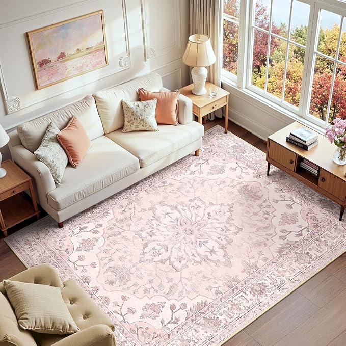 RELEANY Area Rugs 6'x9' Washable Non-Slip, Floral Vintage Distress Print Pattern Medallion Carpet for Living Room Bedroom Dining Room, Pink Greypink Cute