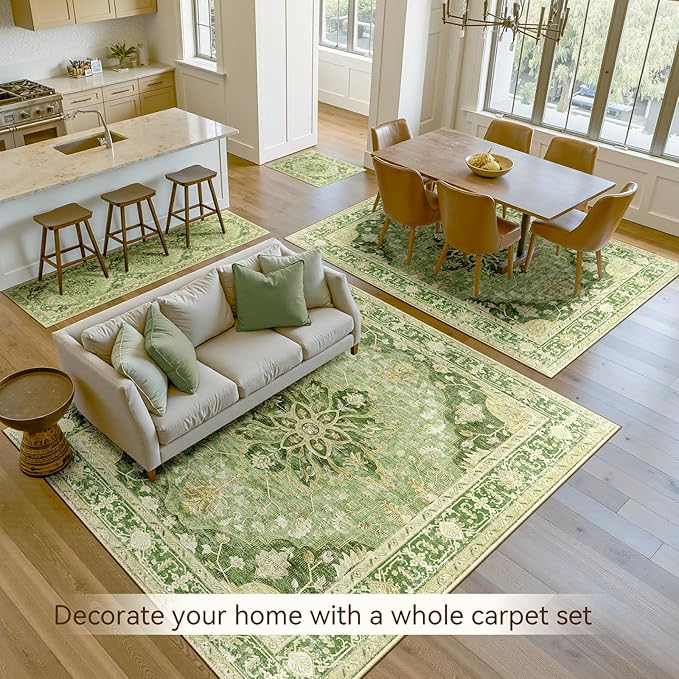 RELEANY Area Rugs 2'x8' Runner Rug Non Slip Washable for Kitchen Hallway Bedroom Beside Laundry Room Bathroom Rug, Floor Carpet, Sage Green Yellow