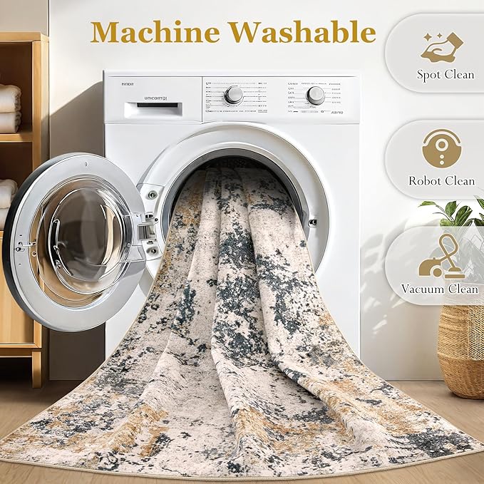 Area Rugs for Living Room: 8x10 Abstract Washable Rug Large Soft Stain Resistant Non-Slip Backing for Bedroom Dining Room Indoor Home Office Carpet for Kids Pet Friendly Families - Grey Gold