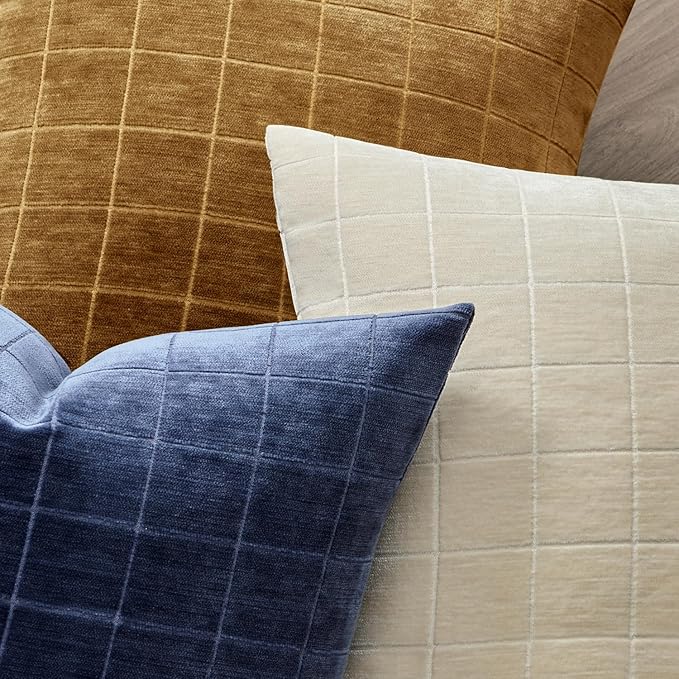 MIULEE Decorative Chenille Check Throw Pillow Covers Vintage Plaid Couch Pillows 20x20 Inch Set of 2 Neutral Boho Farmhouse Cushion Covers Modern Home Coastal Decor for Sofa Bed Living Room Navy Blue