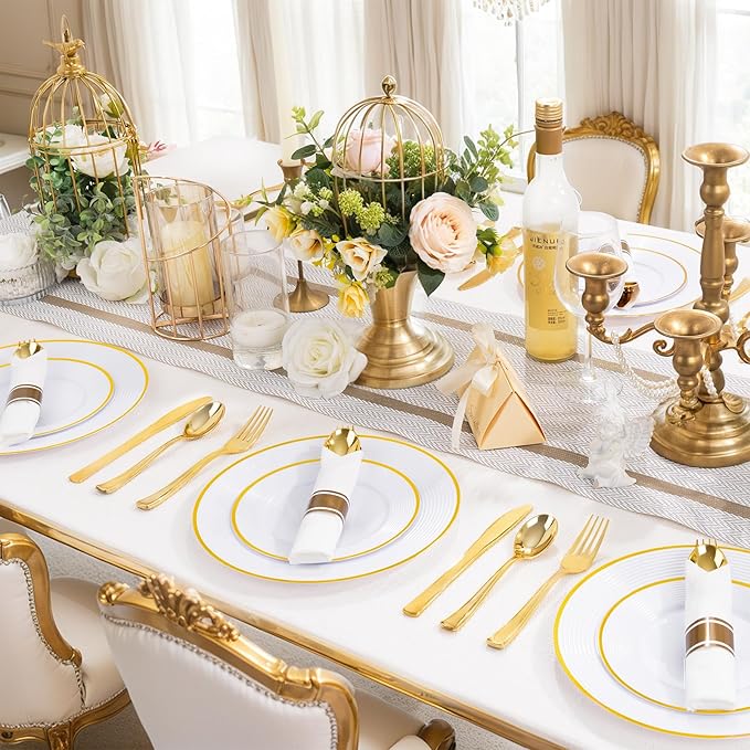 Liacere 100Pack Pre Rolled Gold Silverware and Napkin-Disposable Gold Plastic Utensils-Wrapped Plastic Cutlery Set with Napkin:100 Forks,100 Knives,100 Spoons,100 Napkins for Valentine's Day