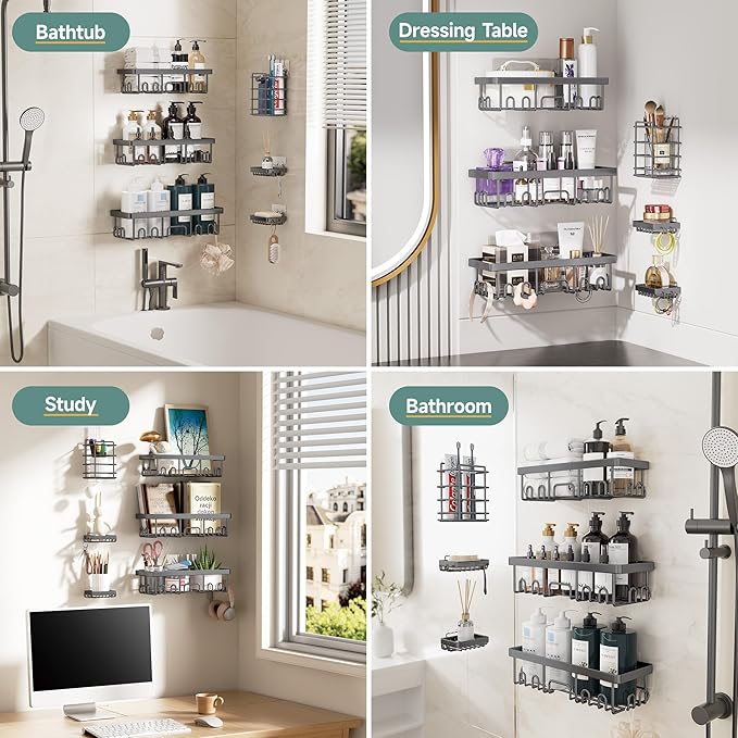 Veken Rustproof & Waterproof Shower Caddy 6-Pack, No Drilling Adhesive Shelves Rack with Soap Holder, Large Capacity Bathroom Organizers and Storage, Wall-Mounted Kitchen & Home Decor, Dark Grey