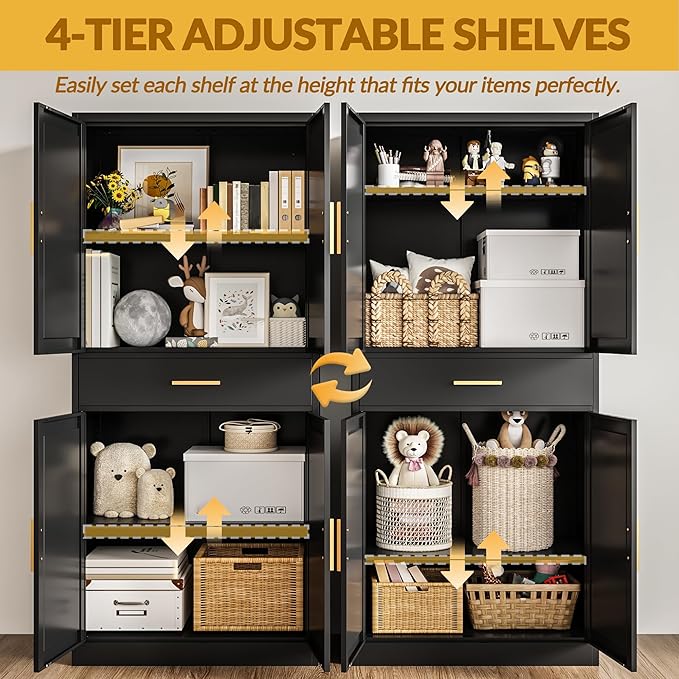 Kitchen Pantry Cabinet,71” Metal Tall Pantry Storage Cabinet with Doors 2 Adjustable Shelves and a Drawer,Kitchen Storage Cabinets Black Freestanding Food Cabinet for Pantries, Kitchen, Dining Room