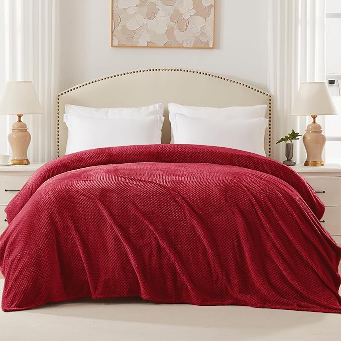 Exclusivo Mezcla Fleece Bed Blanket Twin Size, Super Soft and Warm Blankets for Couch, Sofa and Bed Waffle Textured, Cozy, Fuzzy and Lightweight (Deep Red, 60x80 inches)