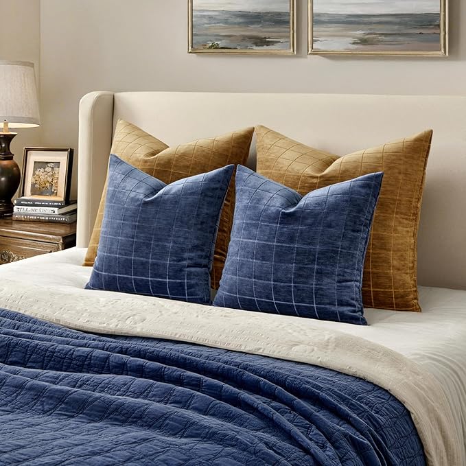 MIULEE Decorative Chenille Check Throw Pillow Covers Vintage Plaid Couch Pillows 20x20 Inch Set of 2 Neutral Boho Farmhouse Cushion Covers Modern Home Coastal Decor for Sofa Bed Living Room Navy Blue