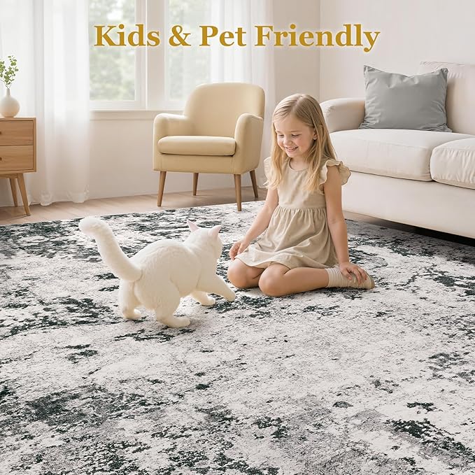 Area Rugs for Living Room: 9x12 Abstract Washable Rug Large Soft Stain Resistant Non-Slip Backing for Bedroom Dining Room Indoor Home Office Carpet for Kids Pet Friendly Families - Dark Grey