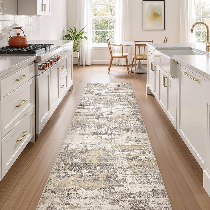 Hallway Washable Runner Rug: 3x10 Abstract Modern Soft Stain Resistant Non-Slip Backing Runner for for Entryway Kitchen Laundry - Gold Brown