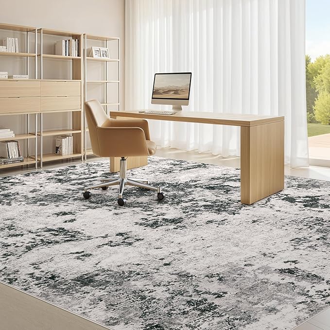 Area Rugs for Living Room: 9x12 Abstract Washable Rug Large Soft Stain Resistant Non-Slip Backing for Bedroom Dining Room Indoor Home Office Carpet for Kids Pet Friendly Families - Dark Grey