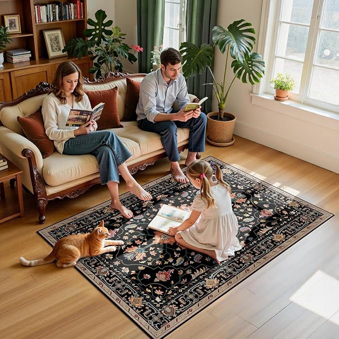 RELEANY Area Rugs 4'x6' Washable Non-Slip, Floral Vintage Distress Print Pattern Medallion Carpet for Living Room Bedroom Dining Room, Black Colorful Floral Dark Tan