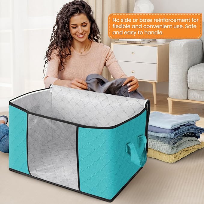 Fab totes 24 Gallons Clothes Storage, Foldable Thick Fabric Blanket Storage Bags, Containers for Organizing Bedroom, Closet, Clothing, Comforter, Organization with Handle (4 Pack,Green)