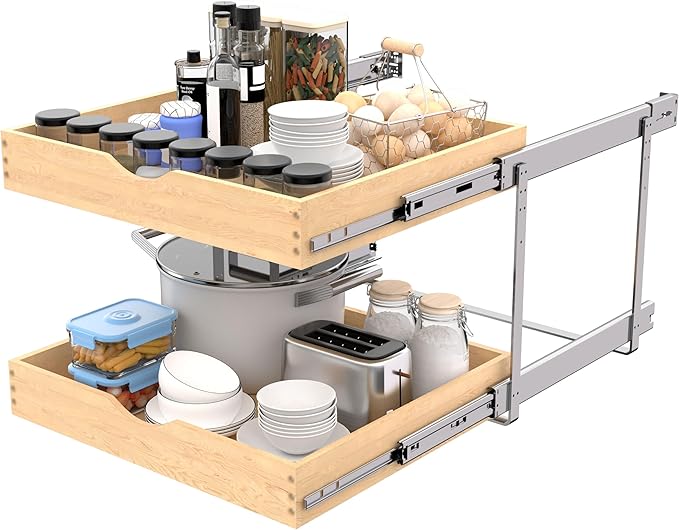 2-Tier Wood Cabinet Pull Out Shelves (20" W x 22" D), Wooden Slide Out Drawers for Kitchen Cabinets, Heavy-Duty 22 Inch Deep Sliding Cabinet Organizer