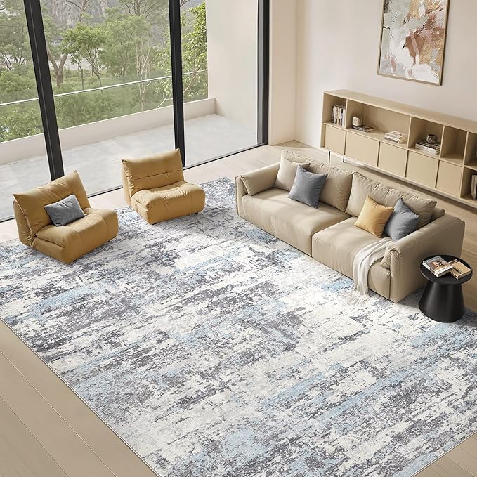 Area Rugs for Living Room: 7x9 Abstract Washable Rug Modern Neutral Large Soft Stain Resistant Non-Slip Backing Machine Table for Bedroom Dining Room Indoor Home Office Carpet - Blue Grey