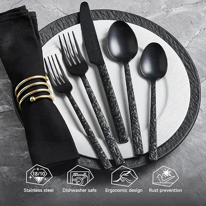 KINGSTONE 30 Pcs Black Hammered Silverware Set for 6, 18/10 Stainless Steel Heavy Duty Flatware Set, Tableware Cutlery Utensil Sets for Home Restaurant Dishwasher Safe