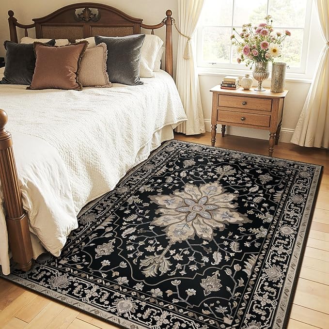 RELEANY Area Rugs 4'x5' Washable Non-Slip, Floral Vintage Distress Print Pattern Medallion Carpet for Living Room Bedroom Dining Room, Black Brown Neutral Dark Tan