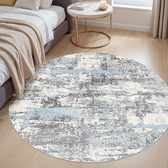 6ft Round Area Rugs for Living Room: 6x6 Abstract Washable Rug Modern Large Soft Stain Resistant Non-Slip Backing Machine Table for Bedroom Dining Room Indoor Home Office Carpet - Blue Grey