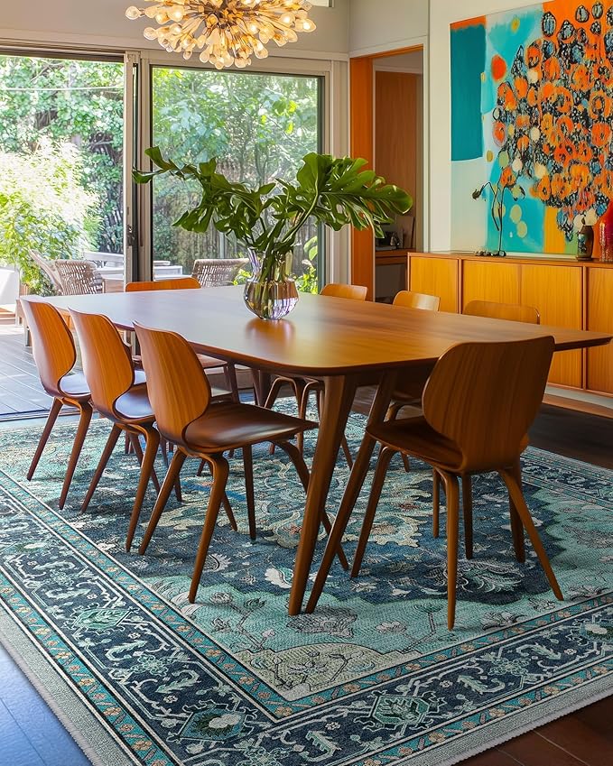 RELEANY Area Rugs 8'x10' Washable Non-Slip, Floral Vintage Distress Print Pattern Medallion Carpet for Living Room Bedroom Dining Room, Teal Green Lake Blue Turquoise