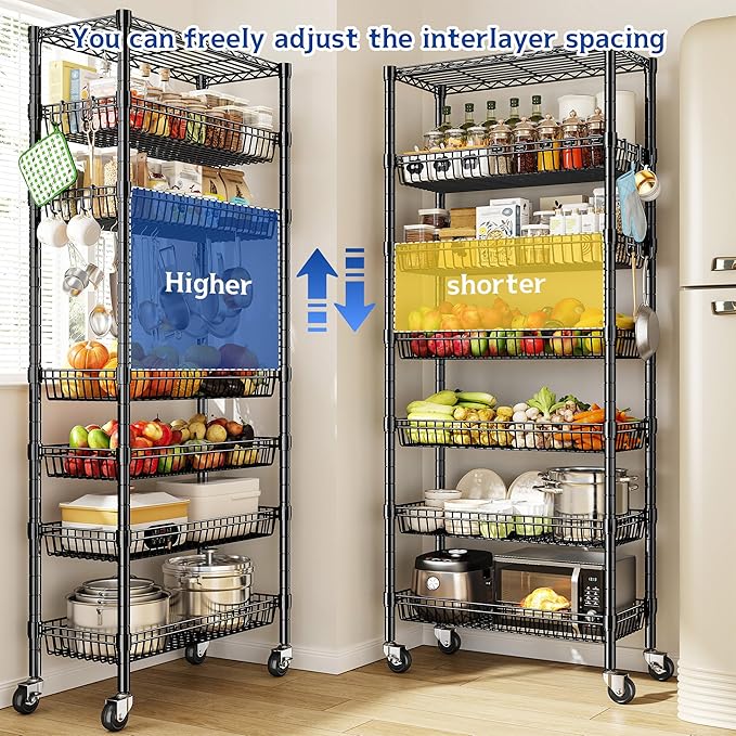 7 Tier Wire Shelving with Wheels 72" H Adjustable Basket Shelf Storage Shelves with Hooks for Kitchen Bathroom Pantry Shelves Closet Laundry Room Organization 72" H x 30" W x 14" D, Black