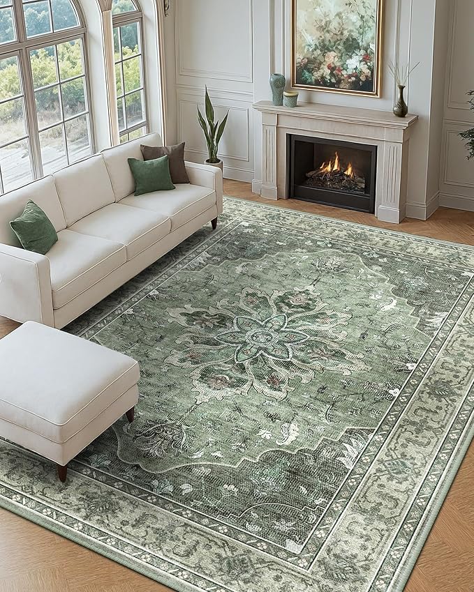 RELEANY Area Rugs 9'x12' Washable Non-Slip, Floral Vintage Distress Print Pattern Medallion Carpet for Living Room Bedroom Dining Room, Dark Green Gray