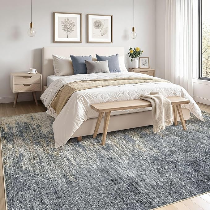 Area Rugs for Living Room: 9x12 Abstract Washable Rug Large Soft Stain Resistant Non-Slip Backing for Bedroom Dining Room Indoor Home Office Carpet for Kids Pet Friendly Families - Blue Gold