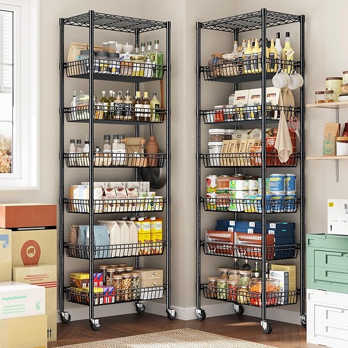 7 Tier Wire Shelving Unit with Wheels 72" H Adjustable Basket Shelf Storage Shelves with Hooks for Kitchen Bathroom Garage Closet Laundry Room Organization 72" H x 24" W x 14" D, Black
