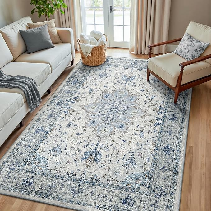 RELEANY Area Rugs 6'x8' Washable Non-Slip, Floral Vintage Distress Print Pattern Medallion Carpet for Living Room Bedroom Dining Room, Light Blue Navy Beige Gray White