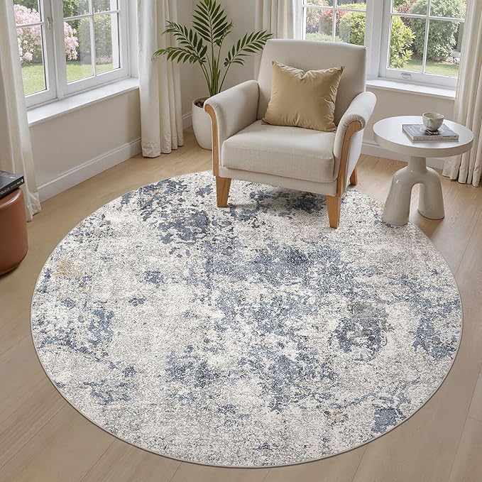 6ft Round Area Rugs for Living Room: 6x6 Abstract Washable Rug Modern Large Soft Stain Resistant Non-Slip Backing Machine Table for Bedroom Dining Room Indoor Home Office Carpet - Blue Brown
