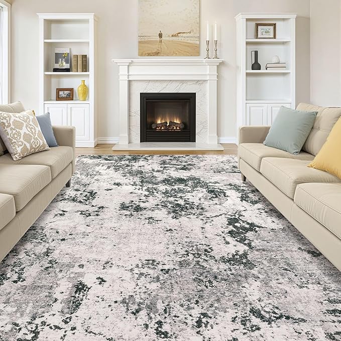 Area Rugs for Living Room: 6x9 Abstract Washable Rug Large Soft Stain Resistant Non-Slip Backing for Bedroom Dining Room Indoor Home Office Carpet for Kids Pet Friendly Families - Dark Grey