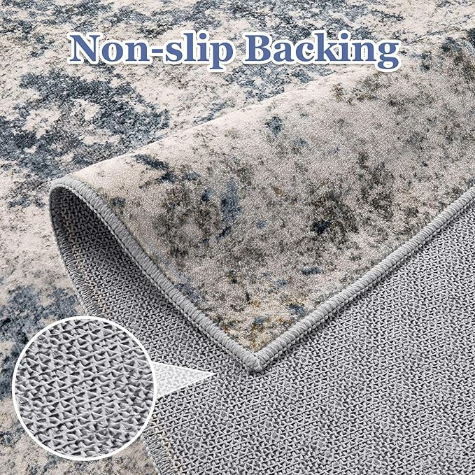 6ft Round Area Rugs for Living Room: 6x6 Abstract Washable Rug Modern Large Soft Stain Resistant Non-Slip Backing Machine Table for Bedroom Dining Room Indoor Home Office Carpet - Blue Brown